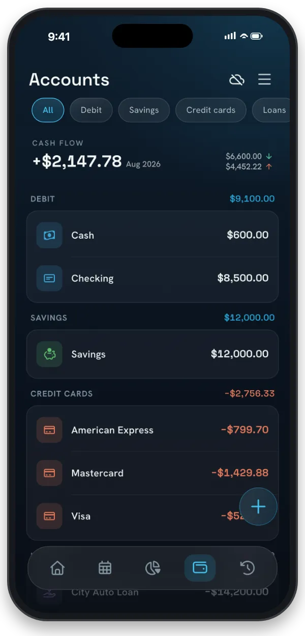 The Accounts screen in NEKO with the list of accounts and balances