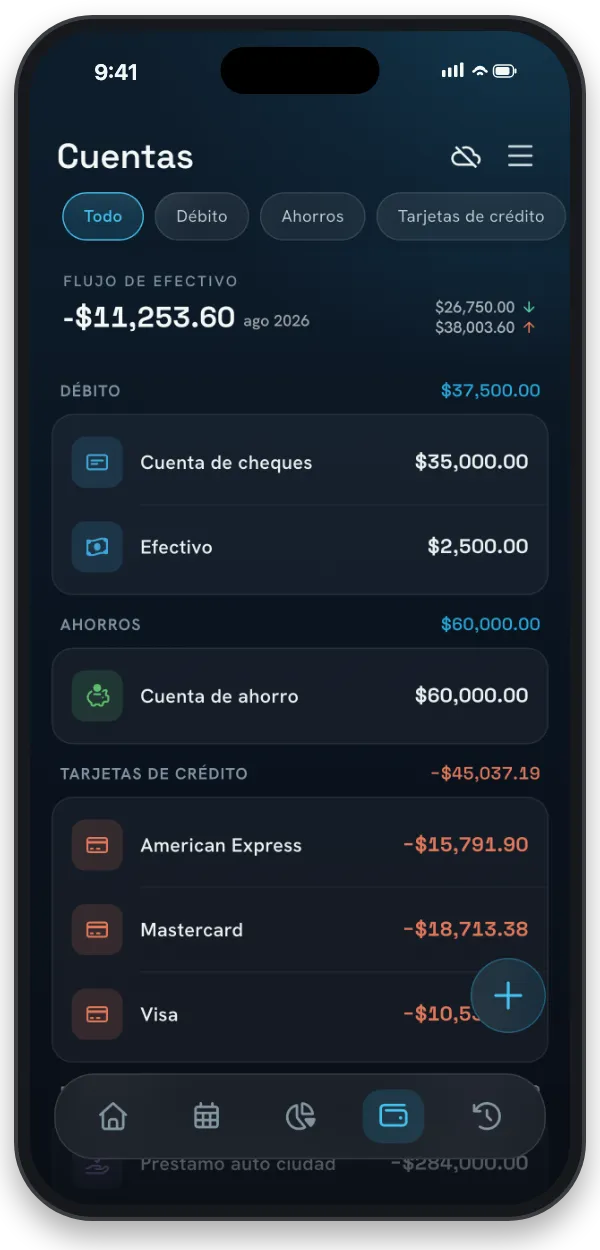 La pantalla de Cuentas en NEKO con la lista de cuentas y saldos