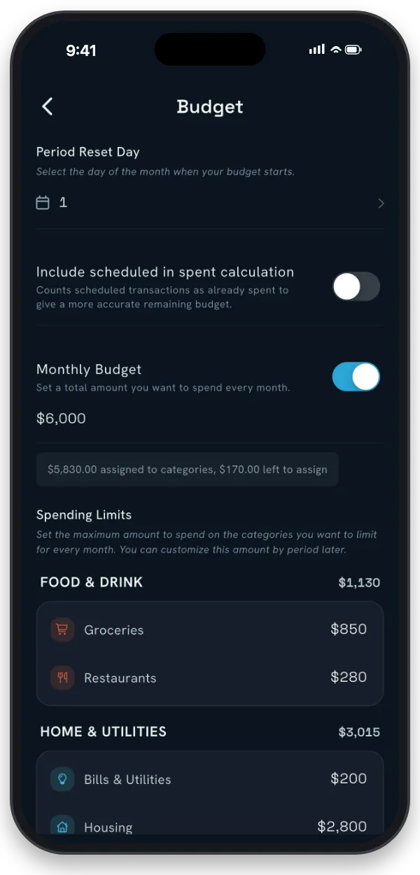 The budget configuration screen with period reset day and spending limits