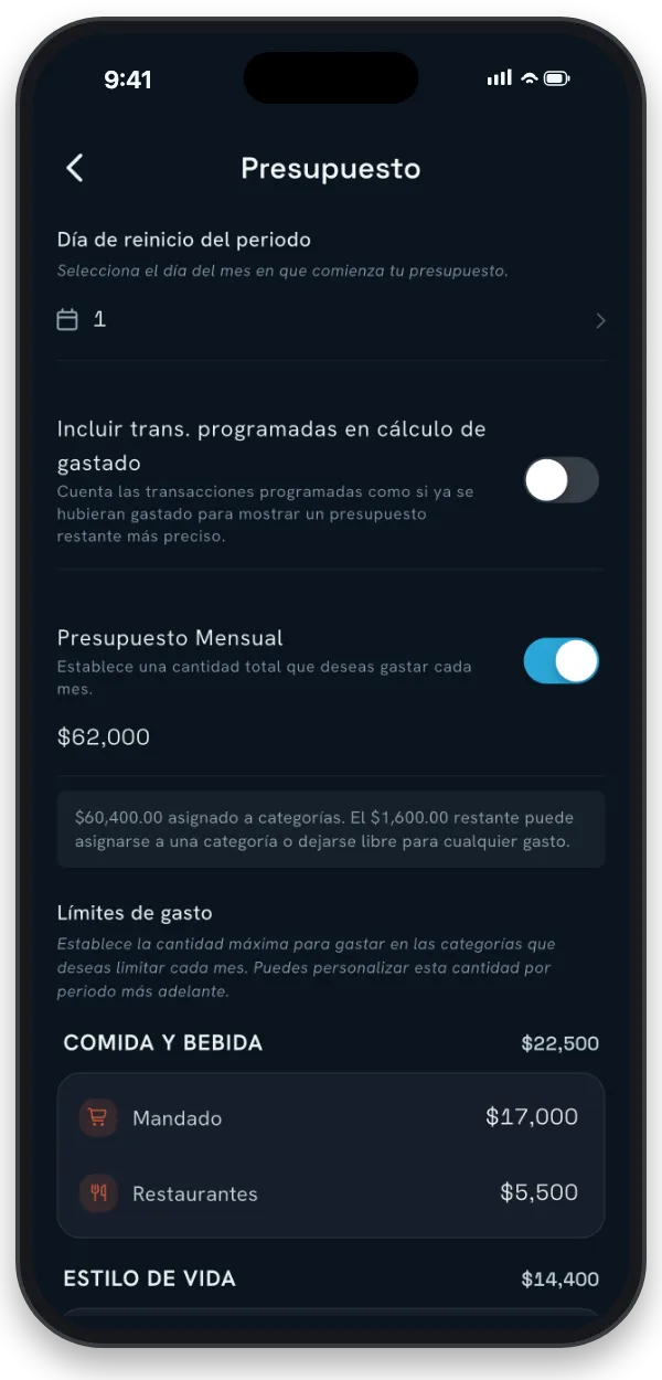 La pantalla de configuración del presupuesto con día de reinicio y límites de gasto