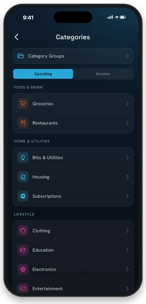 The Categories screen in NEKO with spending and income categories