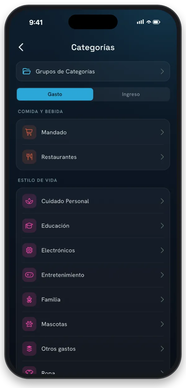 La pantalla de Categorías en NEKO con categorías de gastos e ingresos