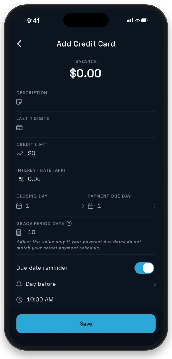 The credit card setup screen with credit limit, dates, and interest rate fields