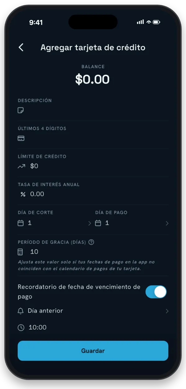 La pantalla de configuración de tarjeta con límite de crédito, fechas y tasa de interés