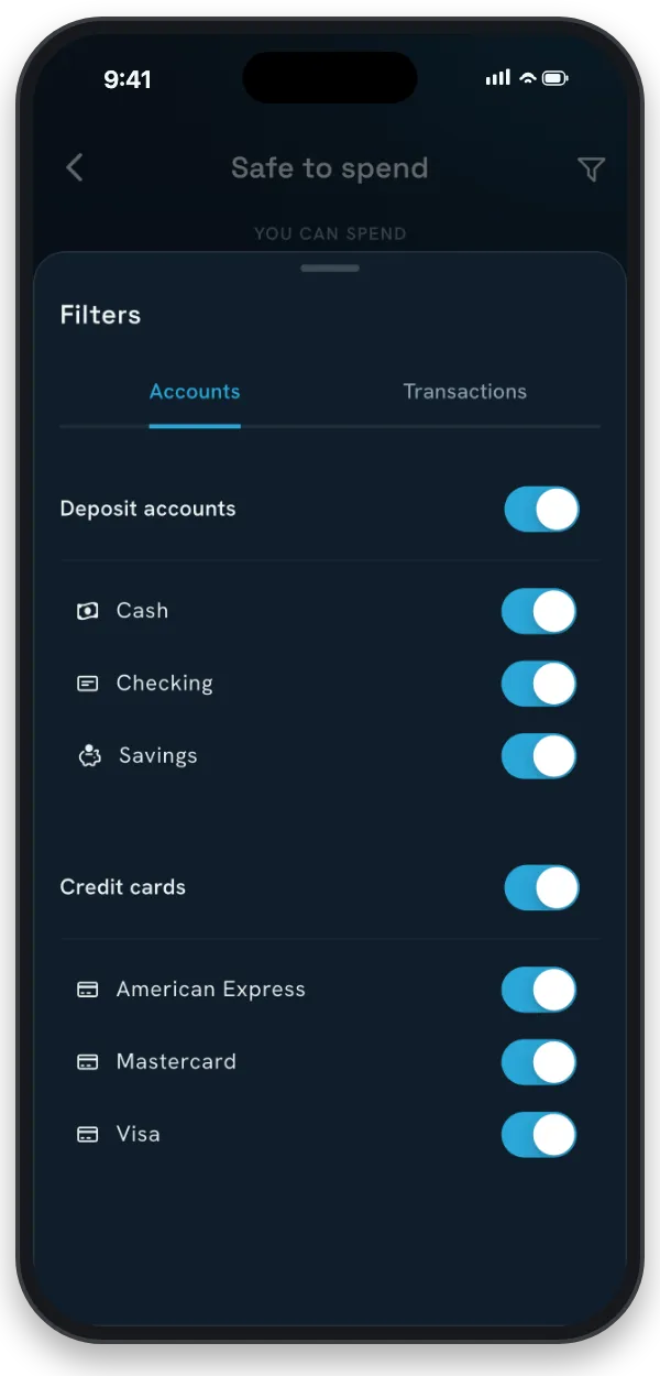 The Safe to Spend screen with the account filter open