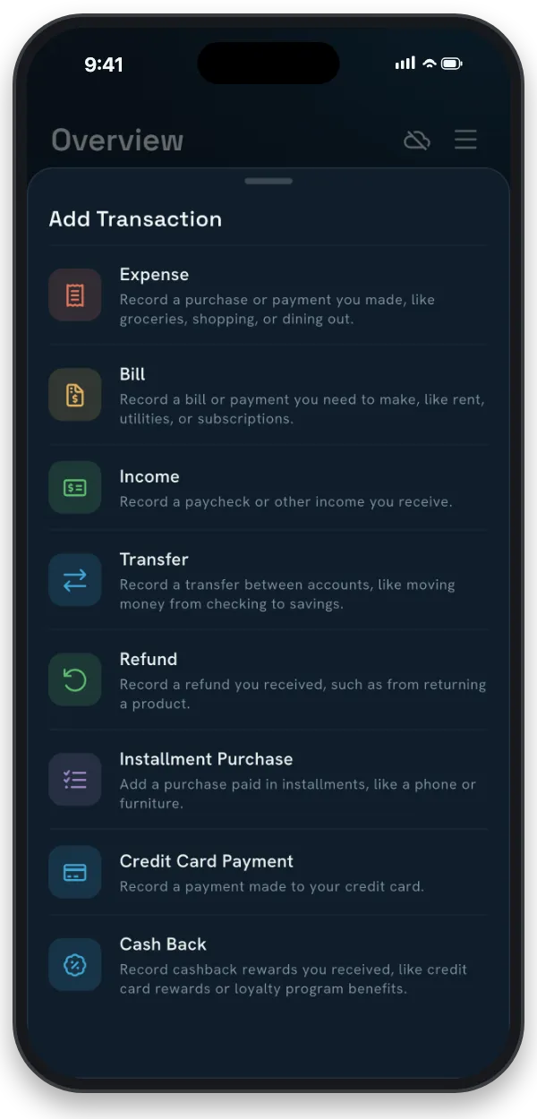 The new-transaction menu with Expense, Bill, Income, Transfer, and Refund options