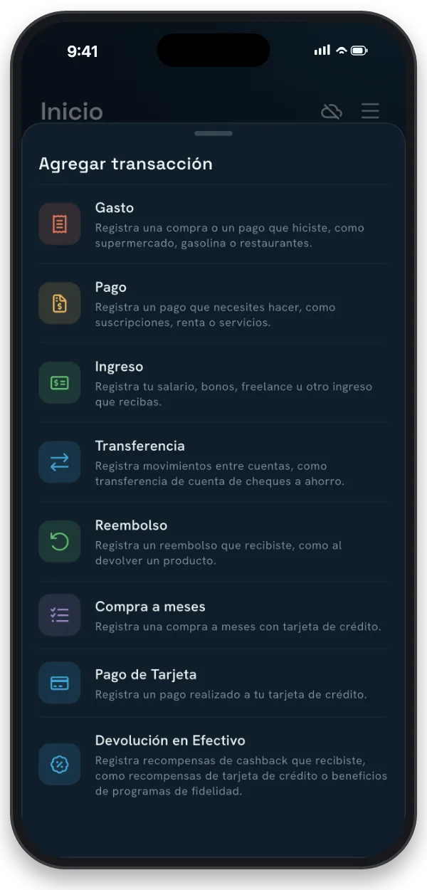 El menú de nuevo movimiento con Gasto, Pago programado, Ingreso, Transferencia y Reembolso
