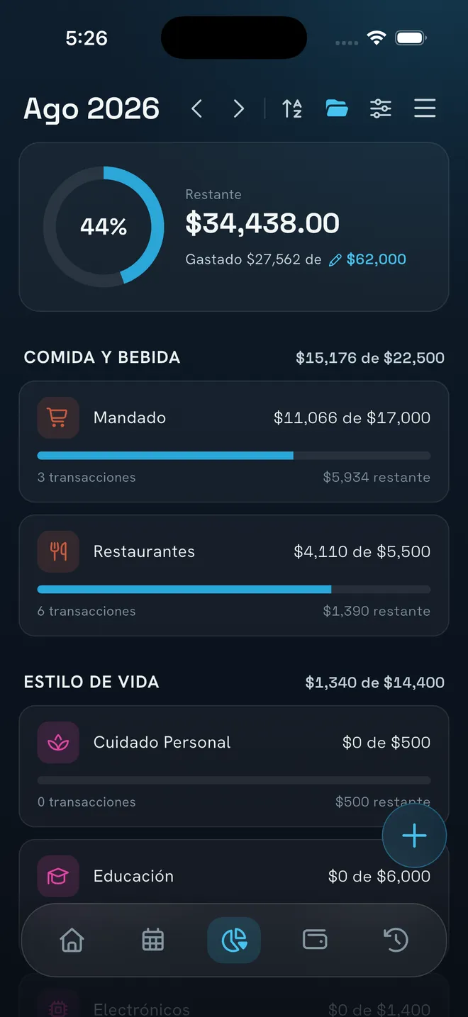 Presupuesto de NEKO con grupos de categorías, límites de gasto y montos restantes
