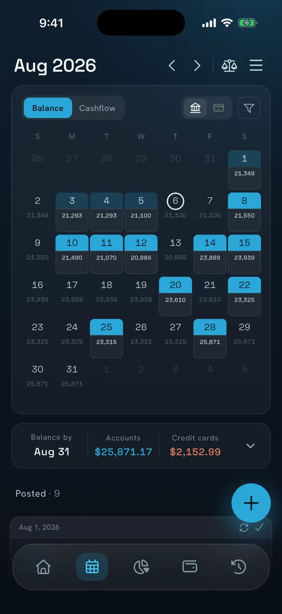 NEKO calendar in balance view, with the projected balance under each day of August and the totals for August 31.