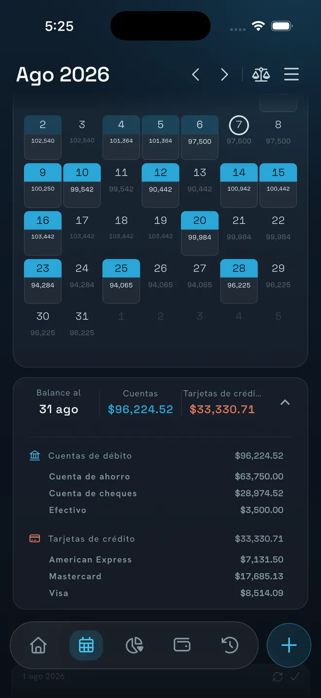Calendario de NEKO con saldo proyectado por día y desglose por cuenta