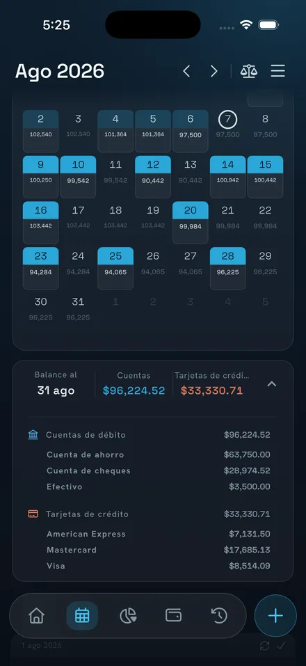 Calendario de NEKO con saldo proyectado por día y desglose por cuenta