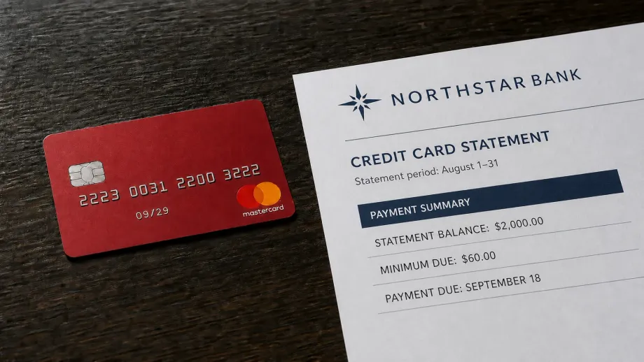 A red credit card beside a Northstar Bank statement showing a statement balance and minimum due.