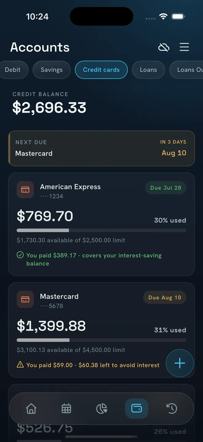 NEKO credit card tracker showing the payment that covers the interest-saving balance