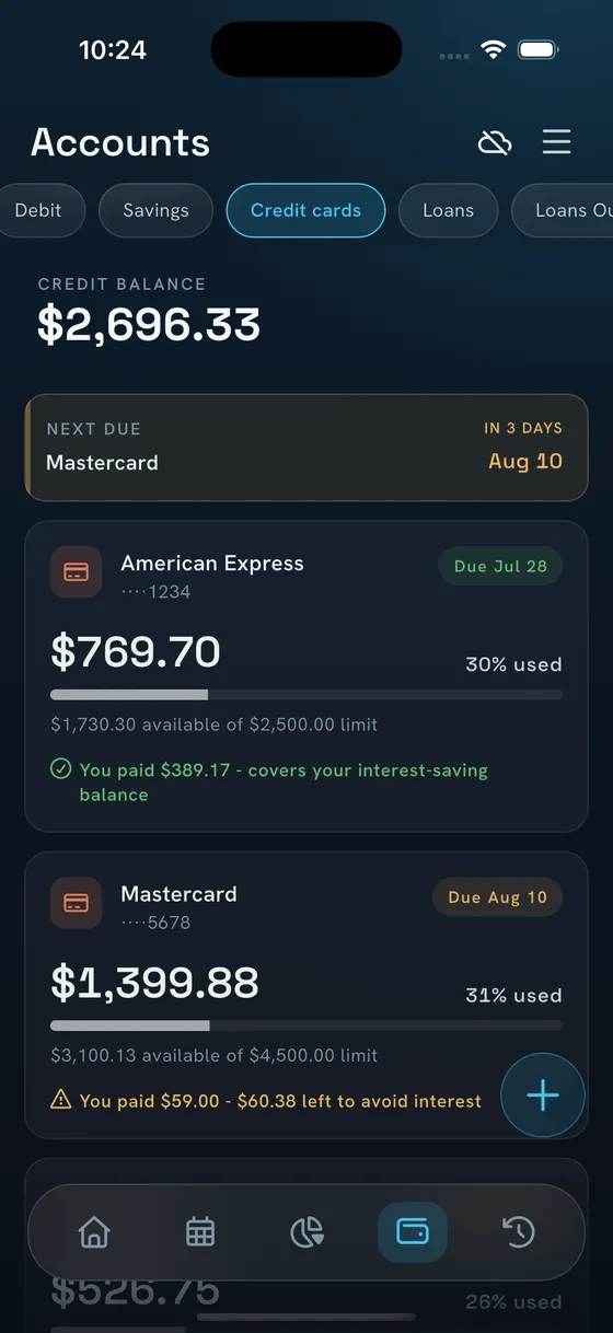 NEKO credit cards view with the next due date, the amount used on each card, and how much is left to pay to avoid interest.