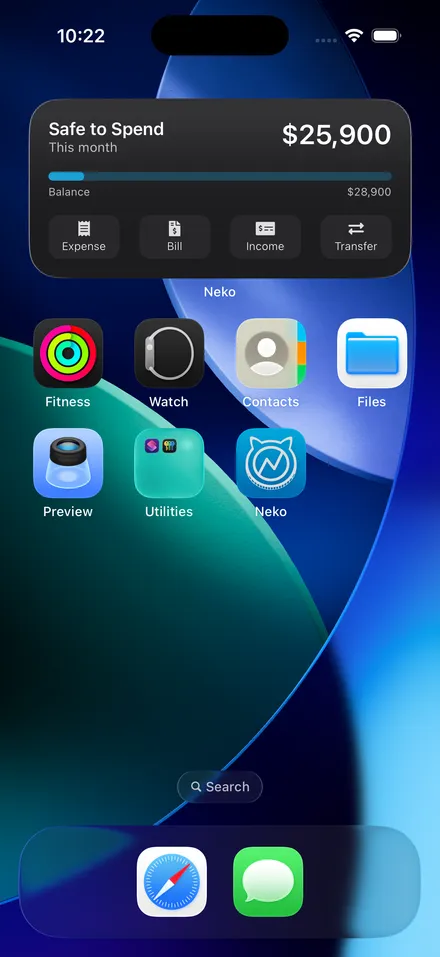 NEKO Safe to Spend widget on an iPhone home screen with quick expense, bill, income and transfer actions