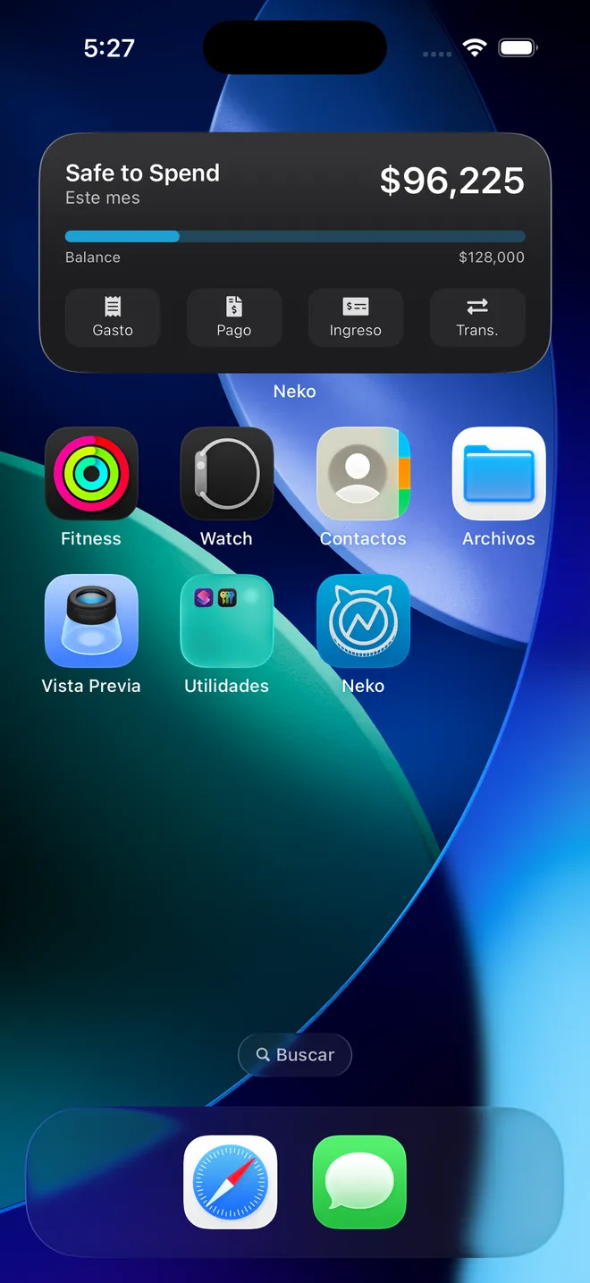 Widget Disponible para gastar de NEKO en la pantalla de inicio de un iPhone con acciones rápidas
