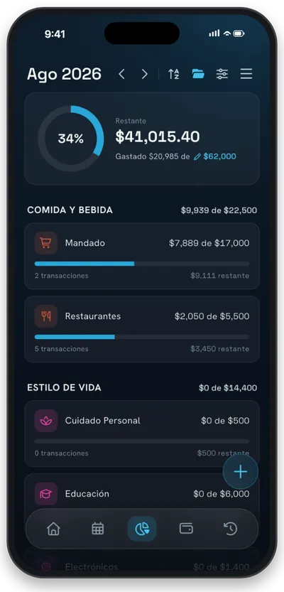 Pantalla de presupuestos de NEKO con límites por categoría