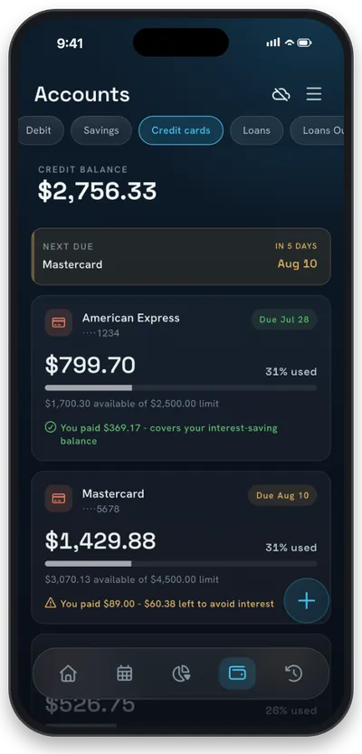 NEKO credit cards screen with statement and payment dates