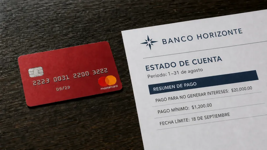 Una tarjeta de crédito roja junto a un estado de cuenta de Banco Horizonte con el saldo del periodo y el pago mínimo.